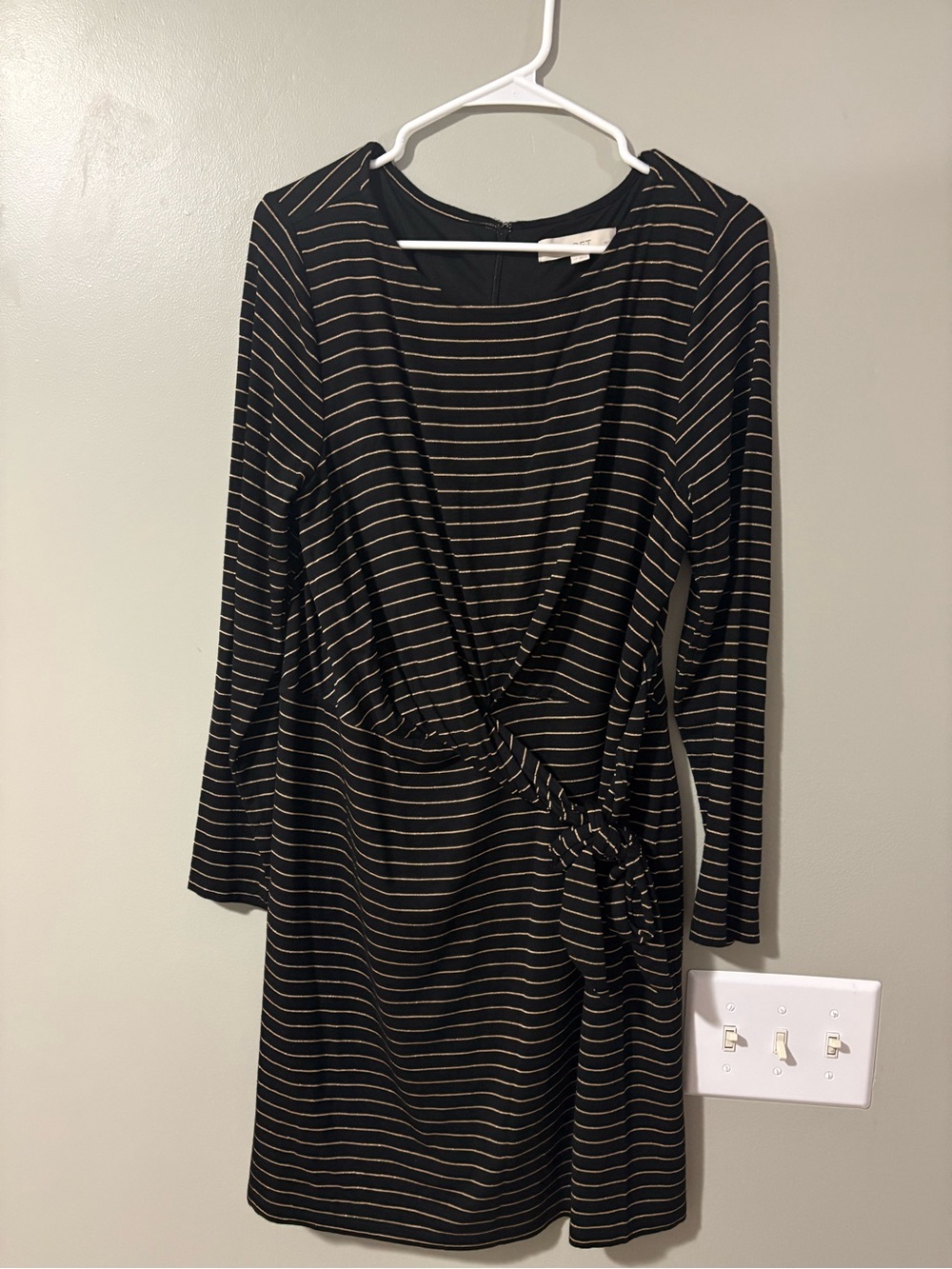 LOFT Black Dress with Tan Stripe Detail, Long Sleeve